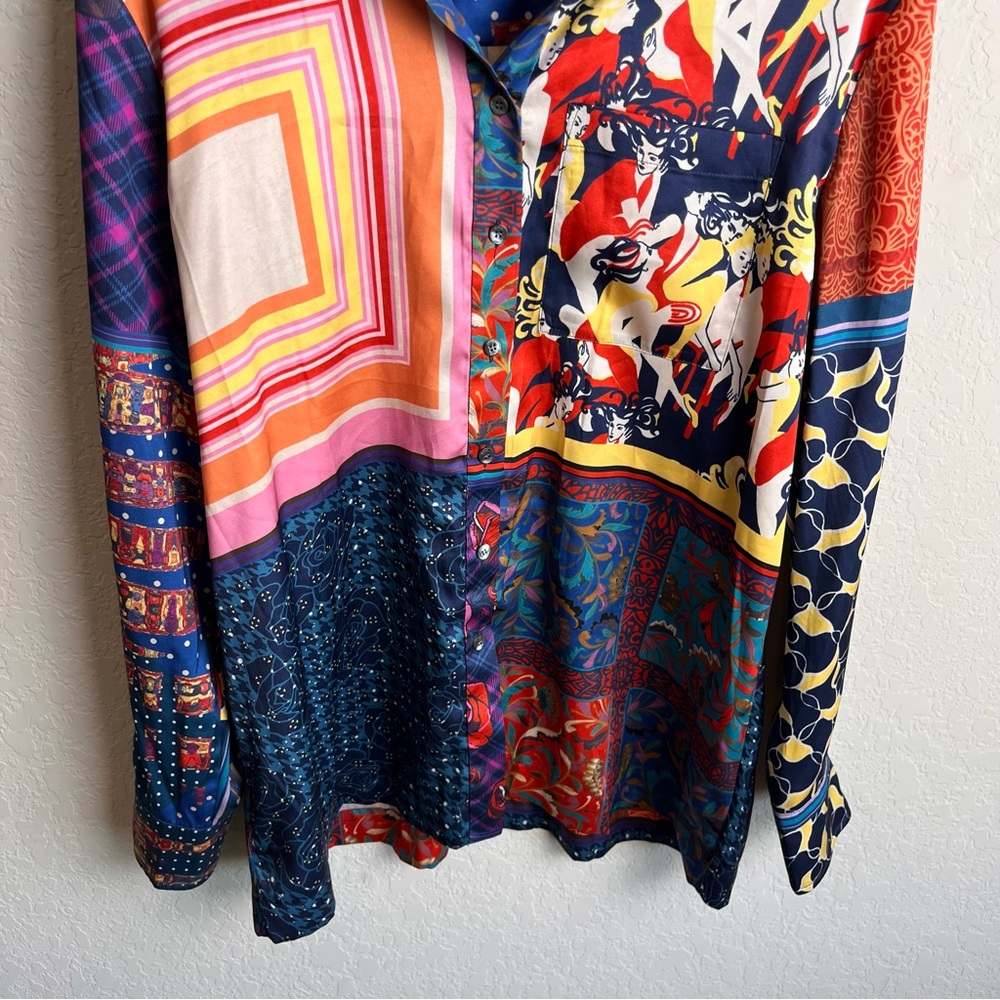 STAUD Martha Patchwork Satin Tunic Blouse L Colorblock Boho Top - Picture 7 of 13